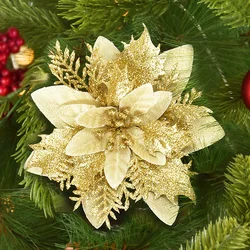 Set of Glitter Christmas Flowers, Holiday Tree Ornaments, Festive Home Decor, New Year Decorations - 10pcs (Gold)