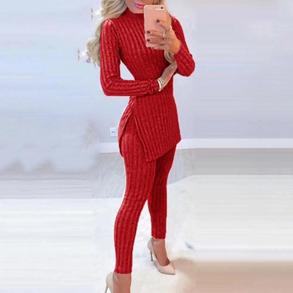 

Стильный женский наряд, свитер, брюки, комплект с длинным рукавом для женщин, Осень-зима, однотонный цвет, вязаный костюм, антифриз