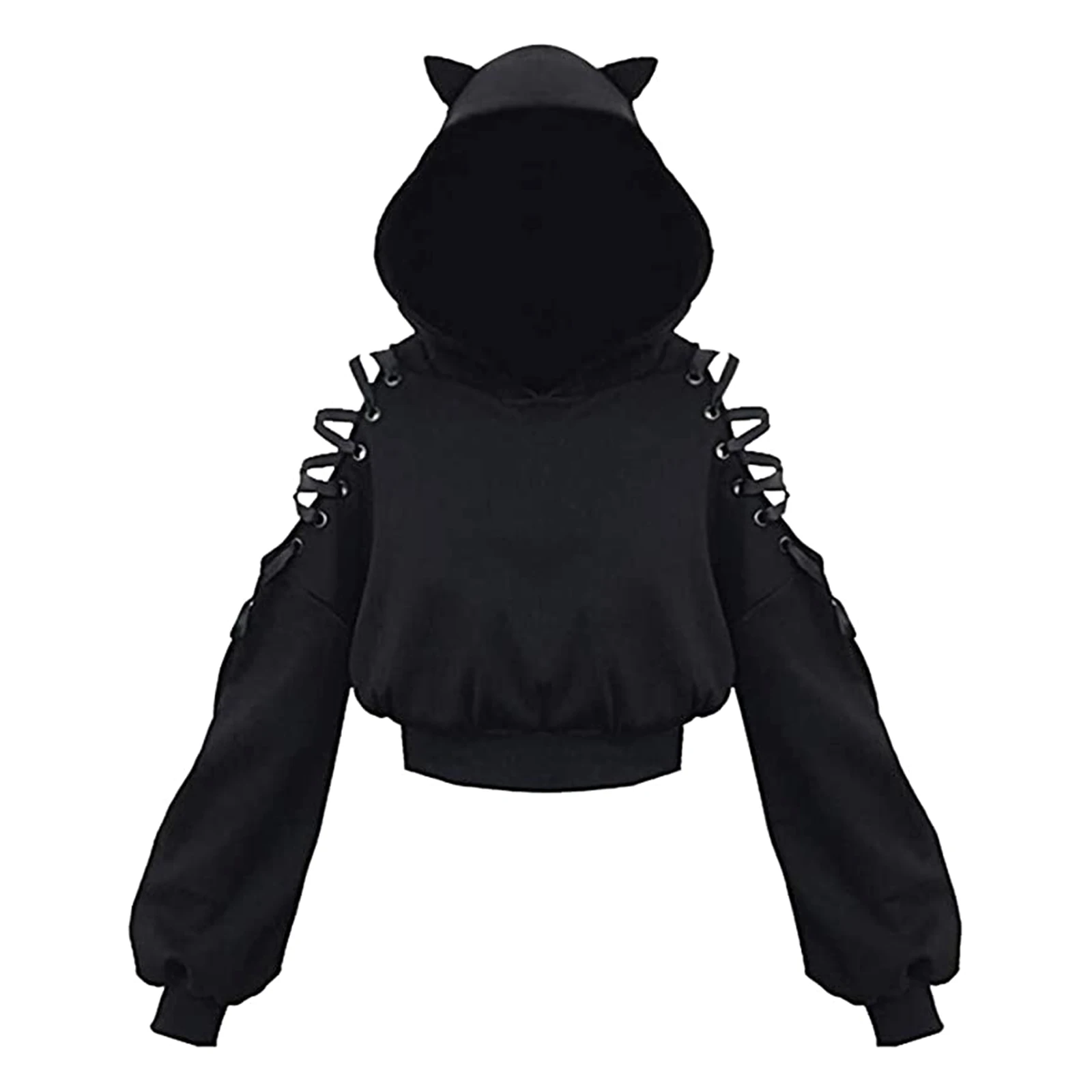 thumbnail image 1 of Sudaderas con capucha de manga larga para mujer, sudaderas con orejas de gato Kawaii, sudaderas góticas Punk Harajuku con hombros descubiertos, sudaderas góticas negras, 1 of 5