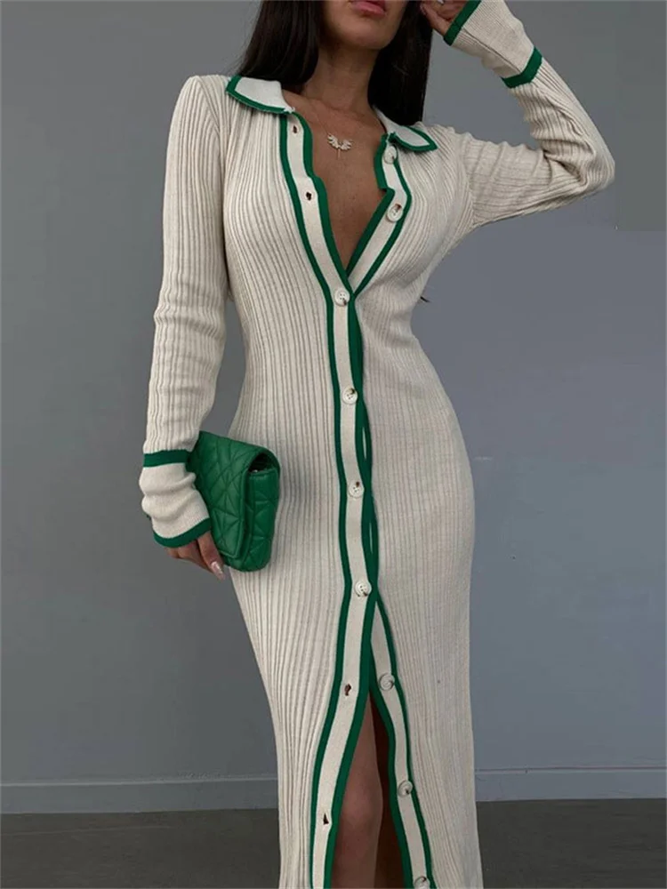 

Zabrina Fall New Elegant Female Cardigan Long Dresses Patchwork Slim V-Neck Dress High Street Contrast Long Sleeve Party Vestido