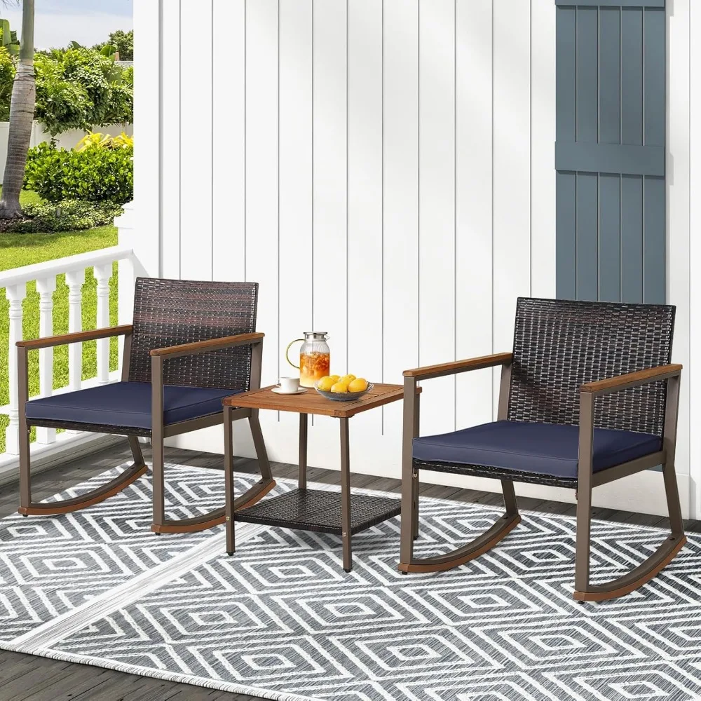 3 Pieces Rocking Bistro Set,Outdoor Rocker Chair with Coffee Table&Cushions,Patio Rattan Furniture Conversation Set for Balcony 3