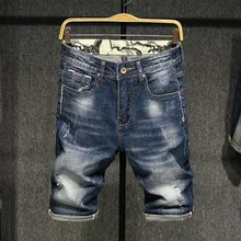 

Men Jeans Shorts Summer Vintage Slim-Fit Stretch Pocket Ripped Short Jeans Streetwear Men Mid-Waist Denim Straight Shorts Jeans