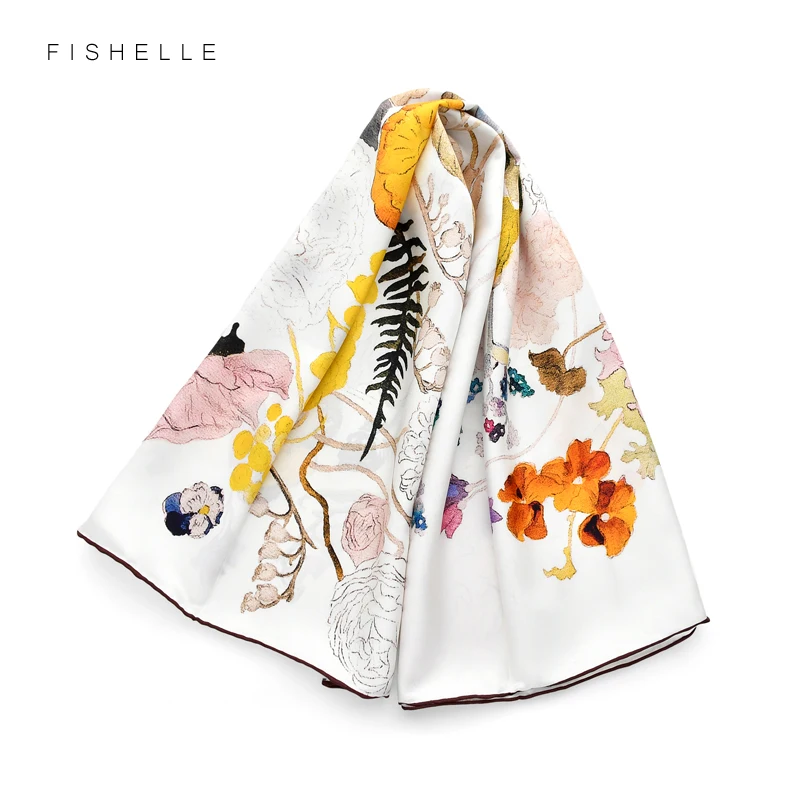White real silk twill scarf printed flowers head scarfs women soft natural silk square bandana shawl luxury gift for lady