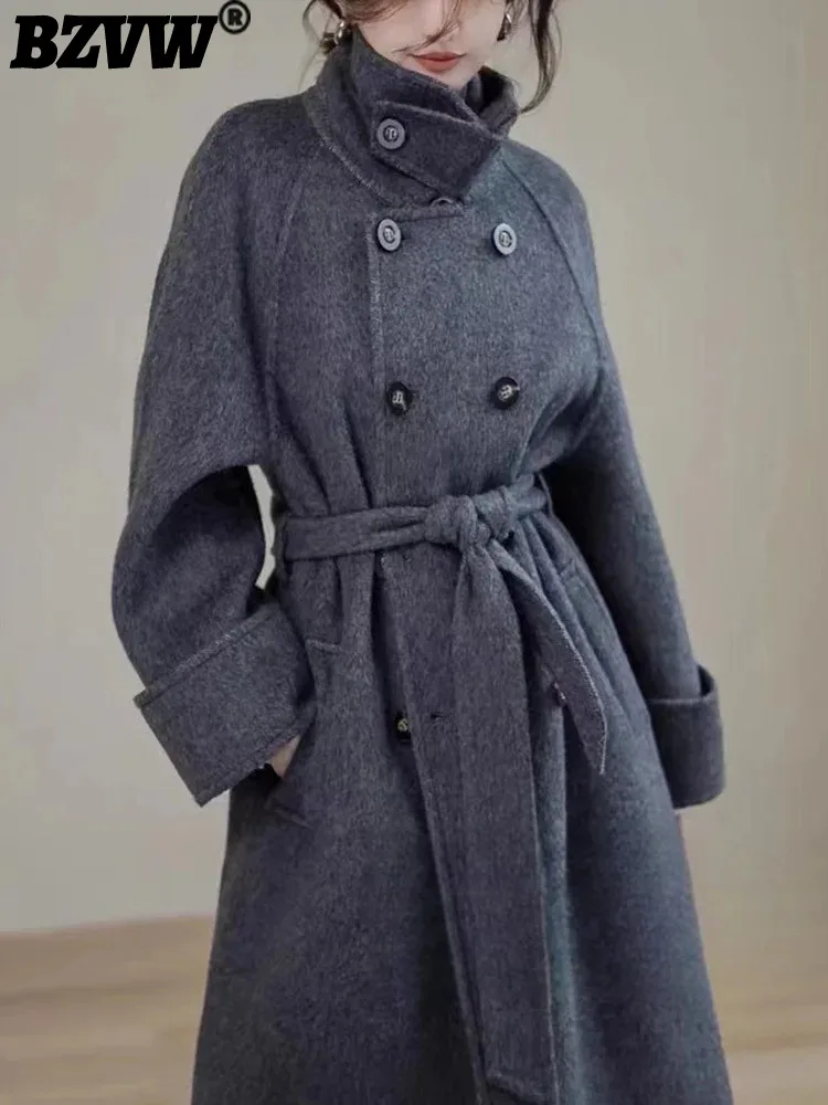 

BZVW Fashion Temperament Stand Collar Mid-length Woolen Overcoat Women's 2023 Autumn Winter Lace-up High-end Wool Jacket Female
