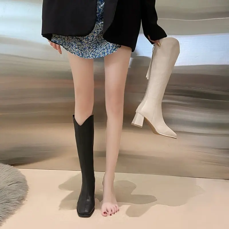 2023 Knee High Boots Women Fleece Chunky High Heels Back Zipper Thigh High Boots PU Leather Shoes Fashion Winter Long Boots New