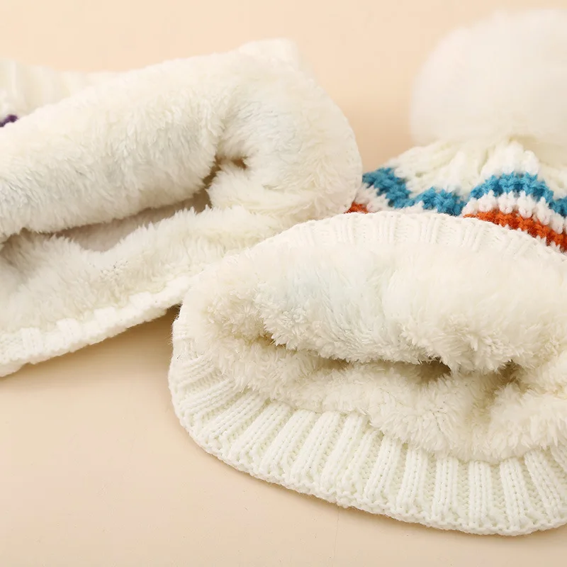 New Autumn Winter Children Hat Scarf Set Kids Wool knitted Hat Collar For Boys Girls Velvet Colored Striped Woolen Cap