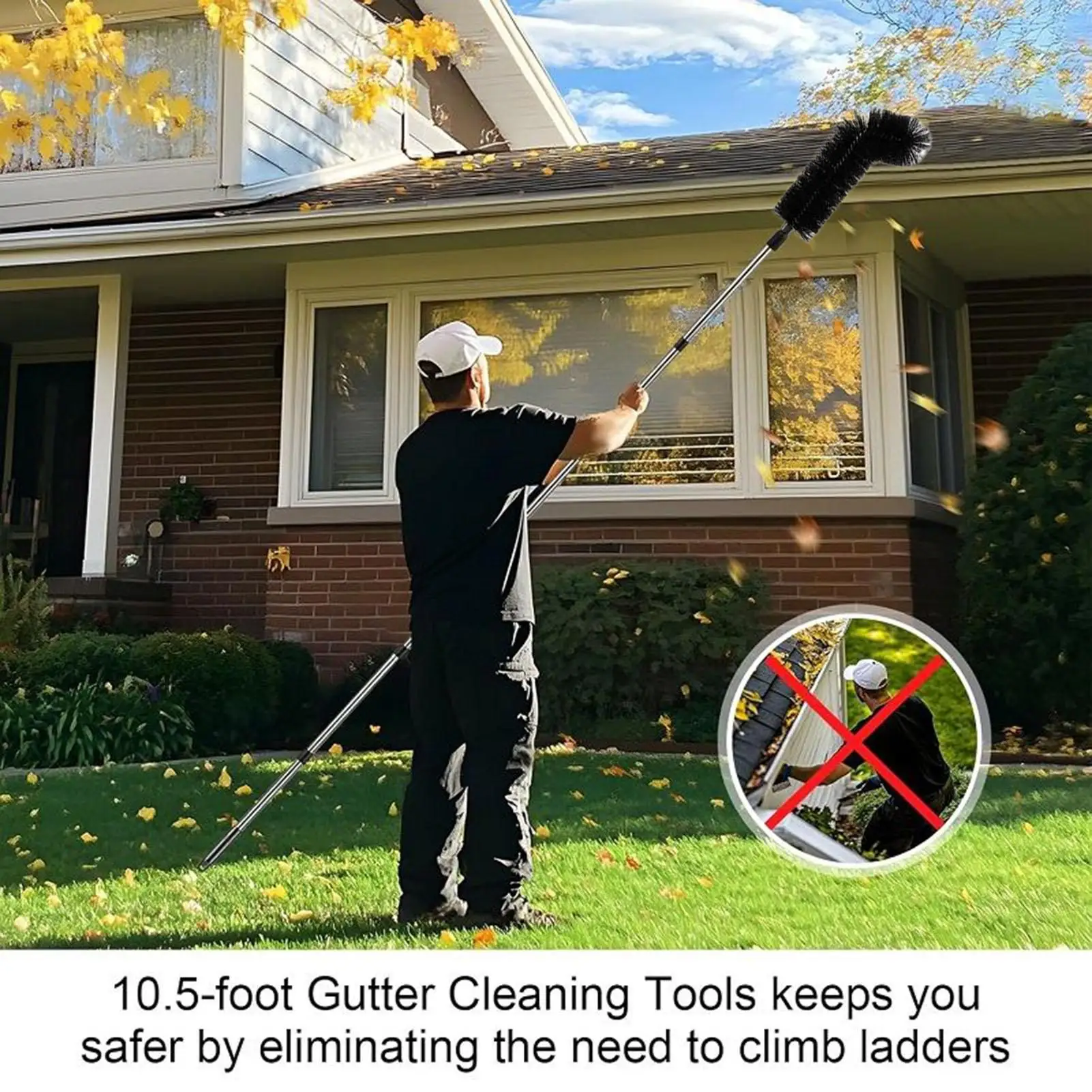 כלי ניקוי גטרים מהקרקע, כלי ניקוי גטרים טלסקופי ללא צורך במדרגות, עמוד ארוך באורך 10.5 רגל לגג