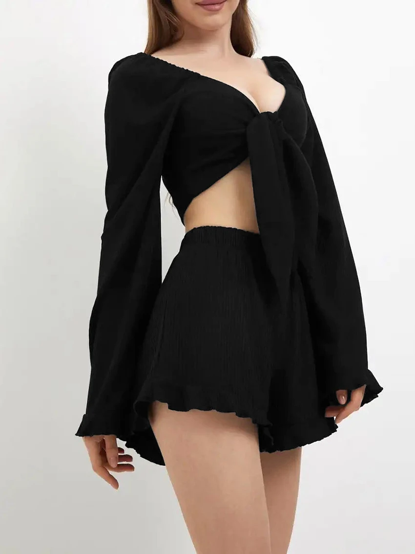 Marthaqiqi Fashion Women'S Pajama Suit Sexy V-Neck Sleepwear Long Sleeve Nightwear Lace Up Crop Top Nightie Shorts Nightgown Set