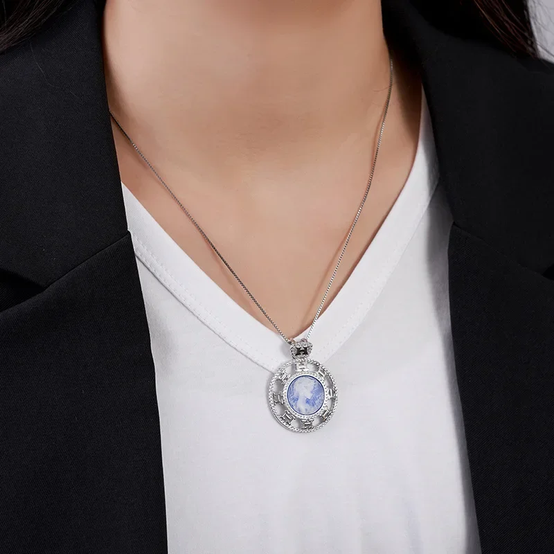S925 sterling silver pendants for women men new fashion round blue agate beauty head sculpture classic jewelry free shipping