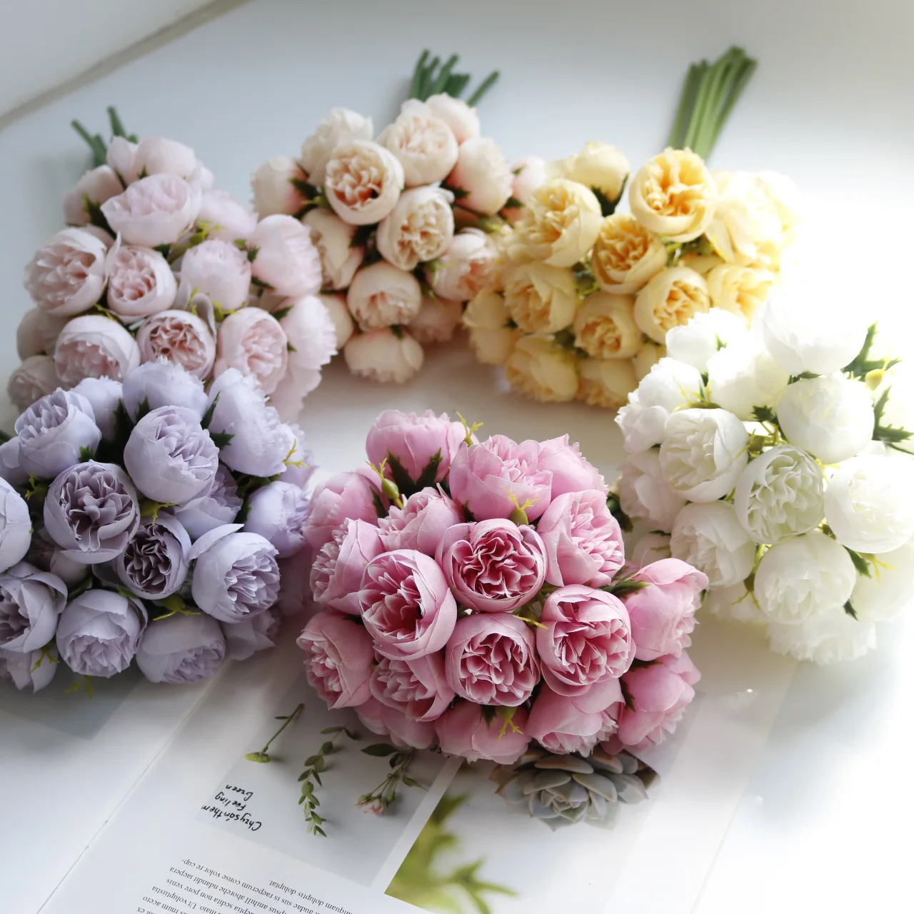 

27 Head Tea Rose Bouquet Flower Wedding Prop Home Decoration Artificial Flowers Silk Hydrangea Fake Dried Flowers Wholesale