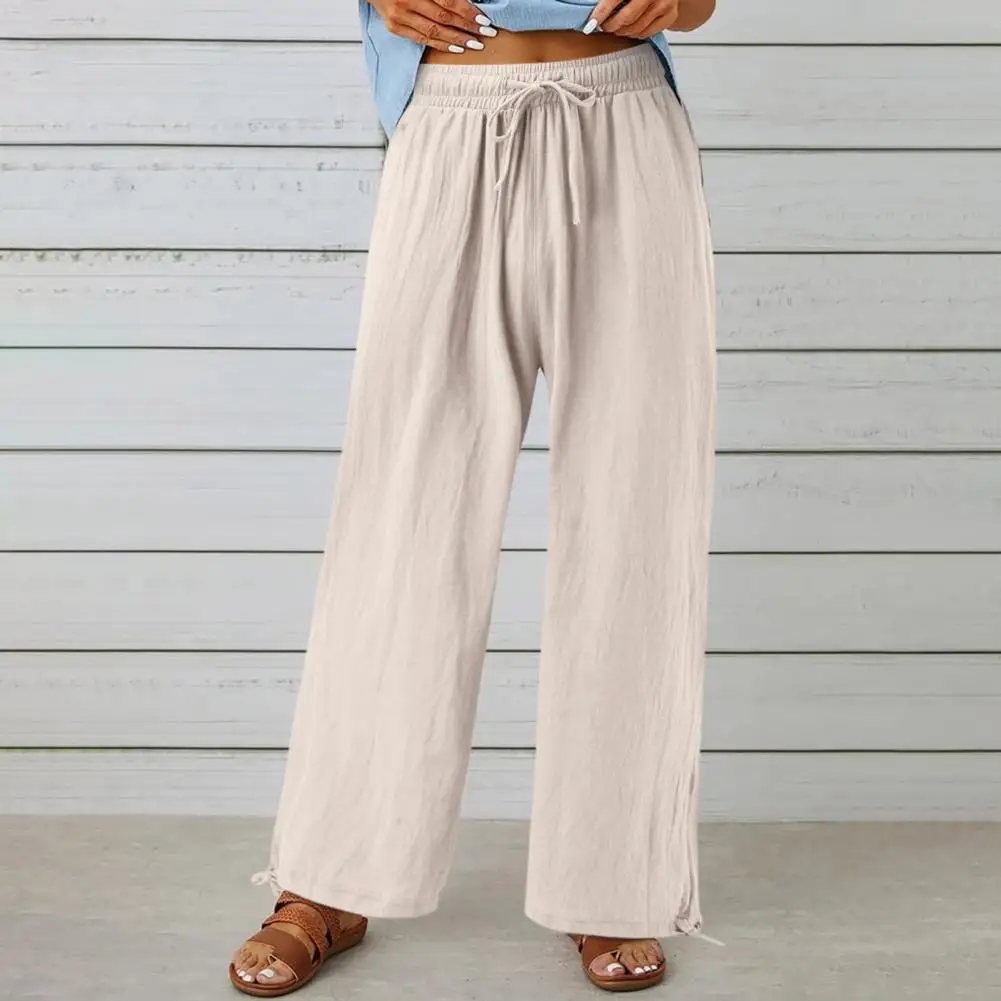 

High Waist Women Pants Elastic Waistband Drawstring Pockets Full Length Loose Straight Wide Leg Pants