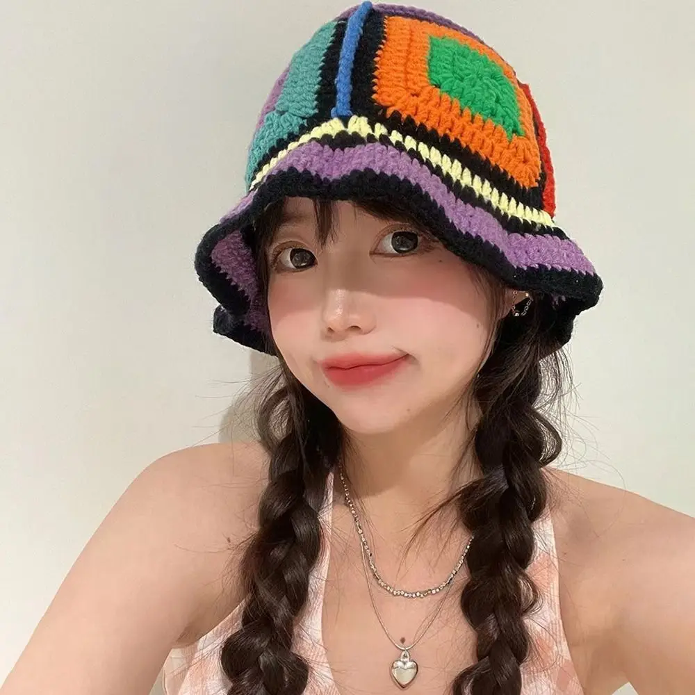 

Panama Cap Crochet Bucket Hat Retro Basin Hat Handmade Ethnic Style Beanies Rainbow Korean Flower Knitted Hat Girls