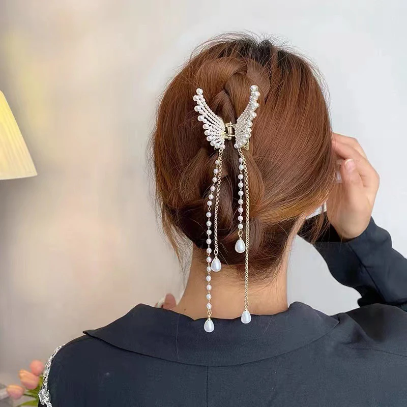 Tassel Butterfly Pearl Hair Clip Women Hair Claw Elegant