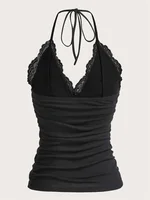 Lace V-neck Halter Top Women Summer Sexy Grunge Punk Goth Backless Ruched Crop Top Cami Top Streetwear Y2K Clothes 2024 - Image 3