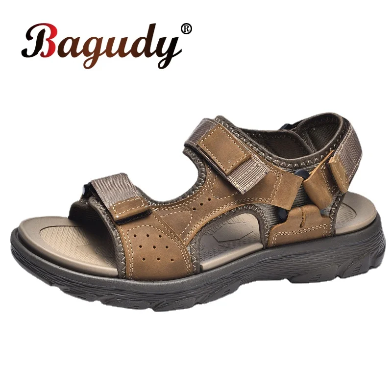 

Genuine Leather Roman Sandals for Men - New Soft and Comfortable Summer Beach Sandals with Sewing and Solid Color in Size 38-46