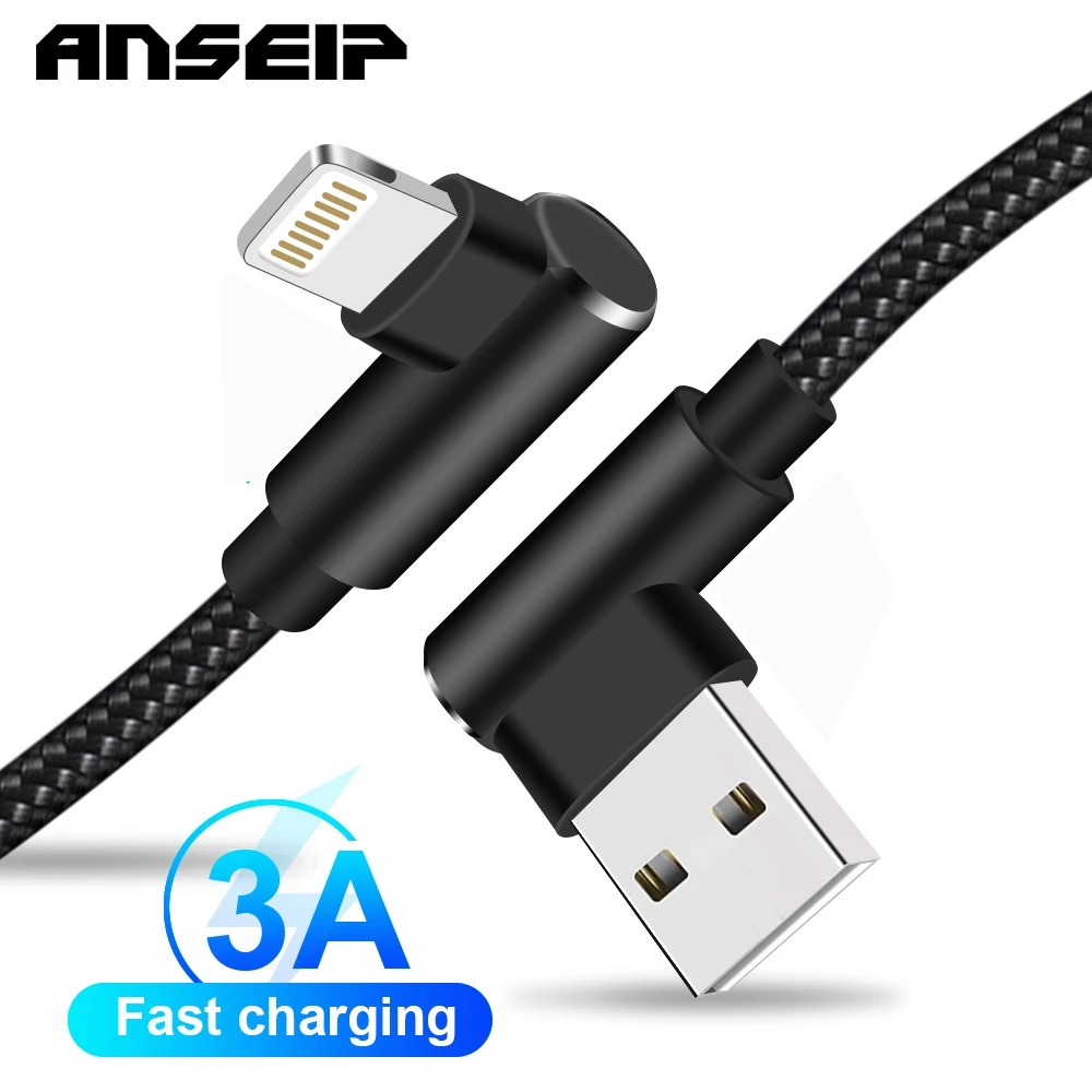 Прямоугольный USB-кабель ANSEIP для iPhone 13 12 11 Pro Max 6 7 8 5 Plus X XR XS iPad 3A шнур быстрой зарядки
