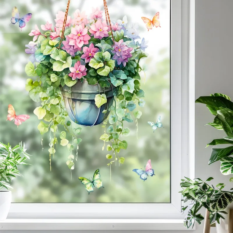 40x60cm Fresh Window Flower Basket Decals Static Cling Glass Films for Room Decor Home Decoration Stickers