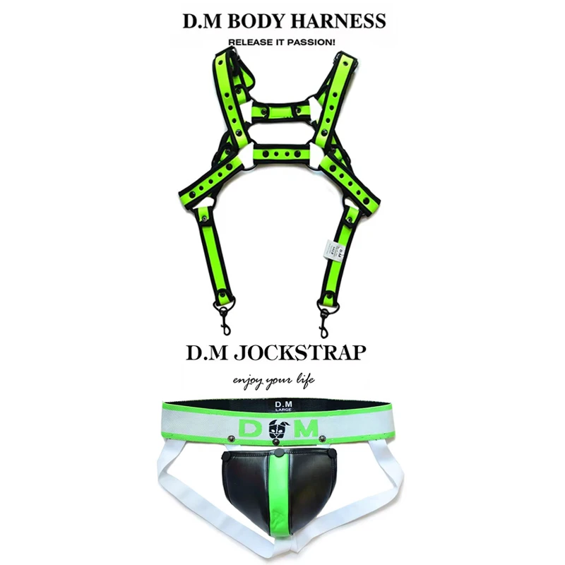 Men's Jockstrap Thong Underwear Set Male Gay Sexual Body Chest Harness Metal Conjoined Buckle Belt for Party