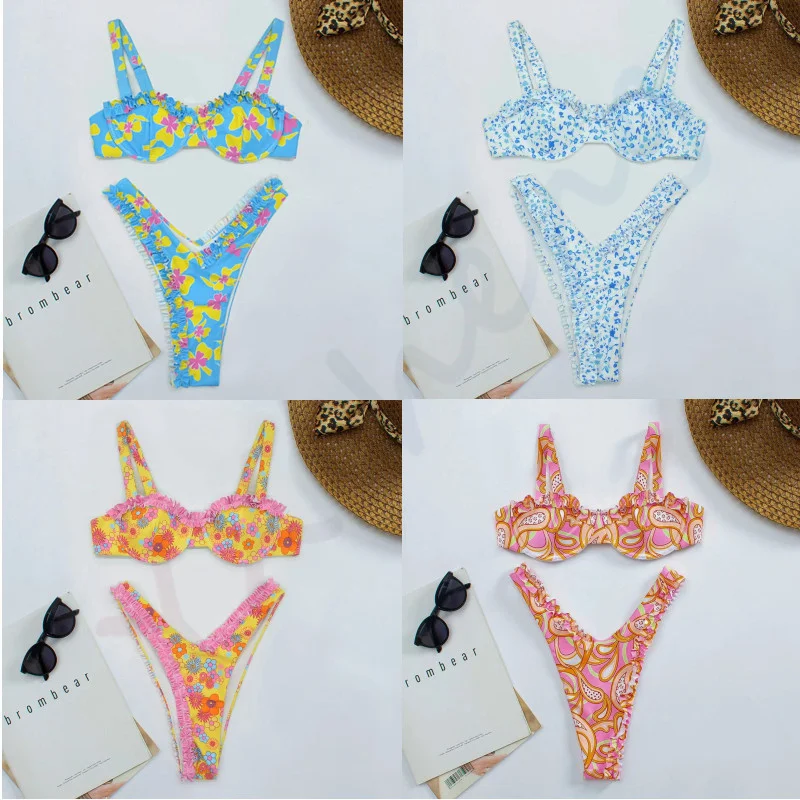 

Новый женский купальник бикини с высокой талией и цветочным принтом, небольшой купальник с мягкими чашечками и разрезом, пляжная одежда, купальный костюм