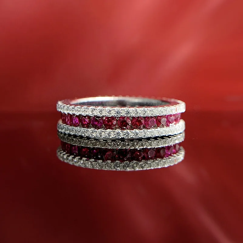 

2023 New Row Ring s925 Silver Inlaid Red Treasure Round 2.0mm Slim Women's Ring Shows Finger Length