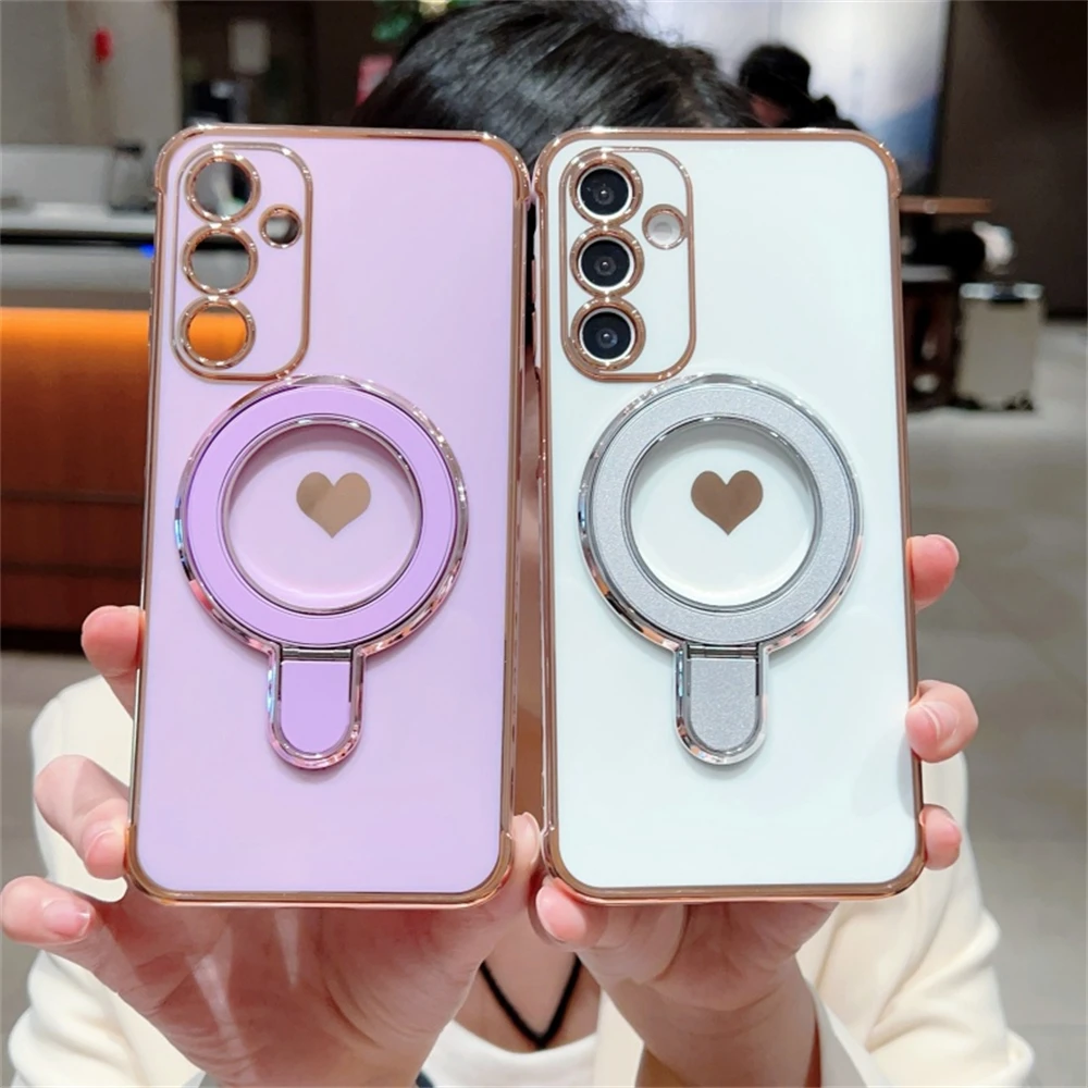 Magnetic Plating Heart Stand Phone Case For Samsung Galaxy Series_voghion.com