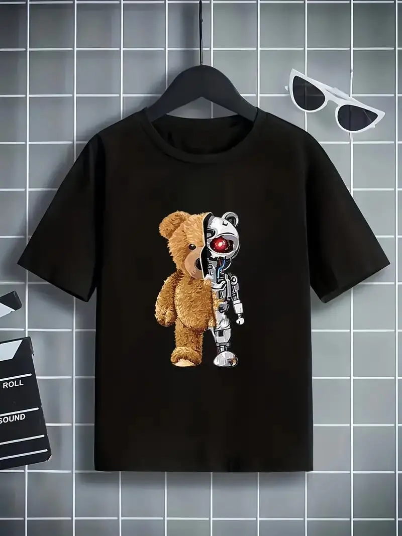 

Bear And Robot Print Boys Creative Cotton T-shirt, Casual Lightweight Comfy Short Sleeve Crew Neck Tee Tops, Kids Clothings