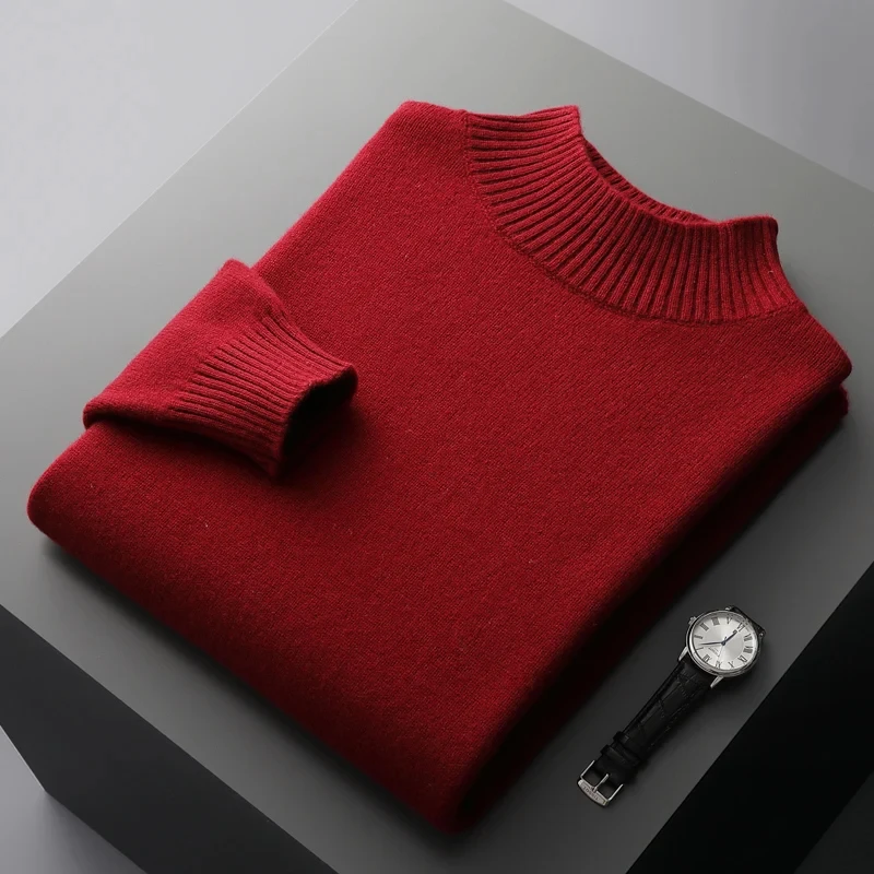 

100% Pure Wool Cashmere Sweater Men's Half Turtleneck Pullover Casual Fashion Thickening Tops Knit Loose Patchwork Men's Jacket