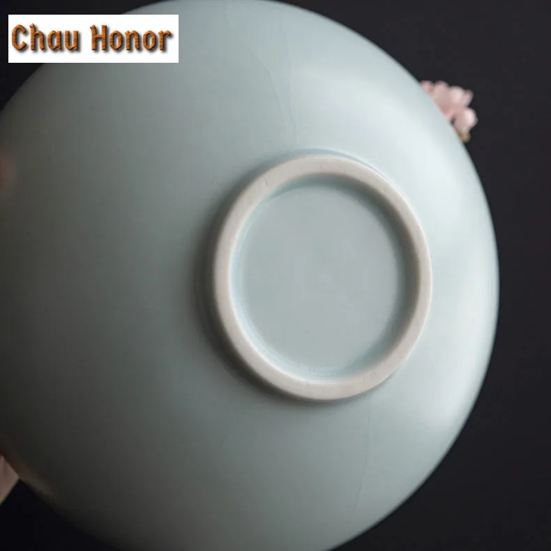 390ml Boutique Azure Ru Kiln Celadon Small Tea Wash Bowl Handmade Knead Pink Plum Blossom Ceramic Tea Garbage Can Tea Ceremony