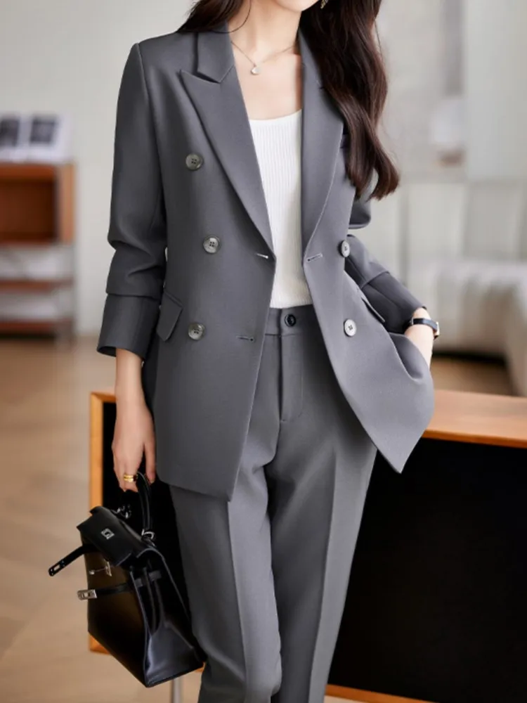 Women Fashion Korean Casual Solid Pantsuit Office Slim Vintage Elegant Business Two Pieces Set Female Chic Outfits Clothes
