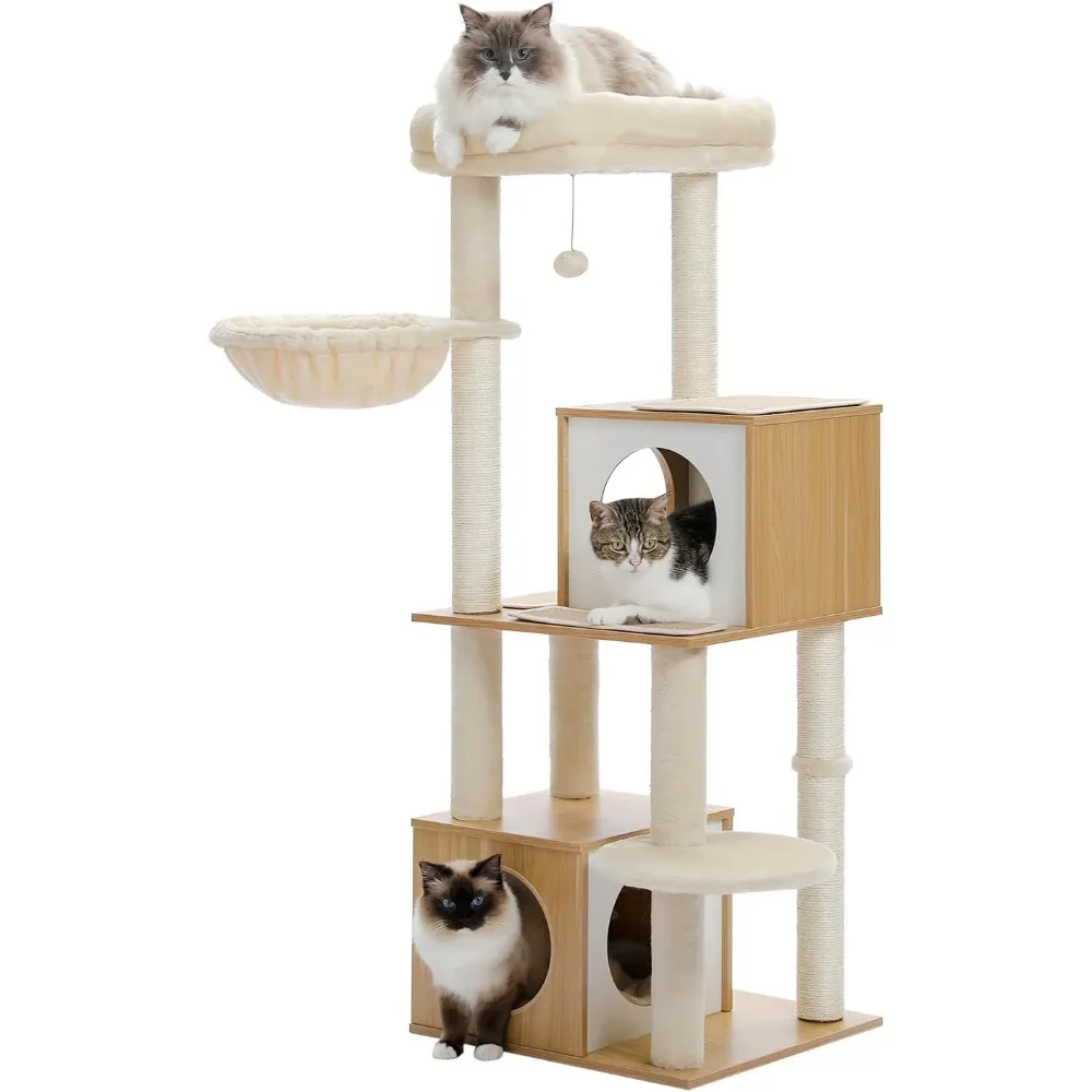 

PAWZ Road Large Cat Tree, 51 Inches Wooden Cat Tower with Double Condos, Large Perch,Soft Hammock and Totally Wrapped Sisage