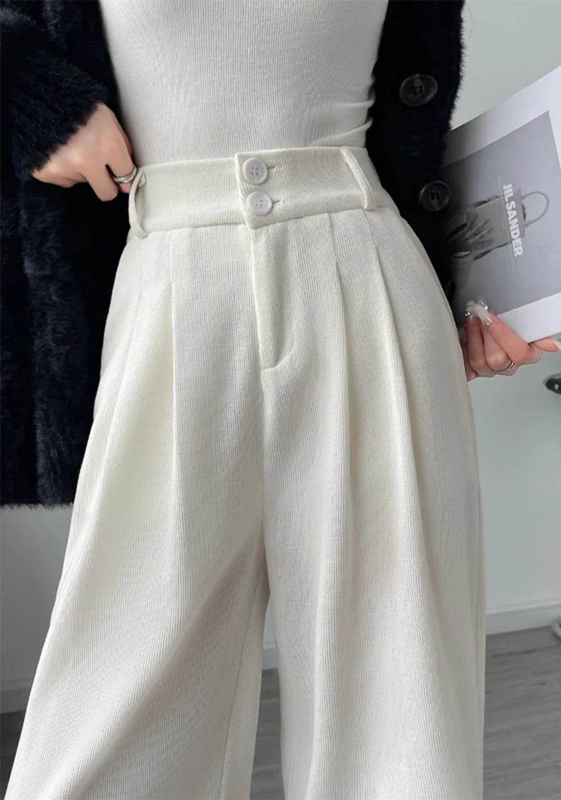 Winter Solid Color Plus Fleece Straight Pants Women Double Buttons Thicken Warm Corduroy Trousers Casual Comfortable Plush Pant