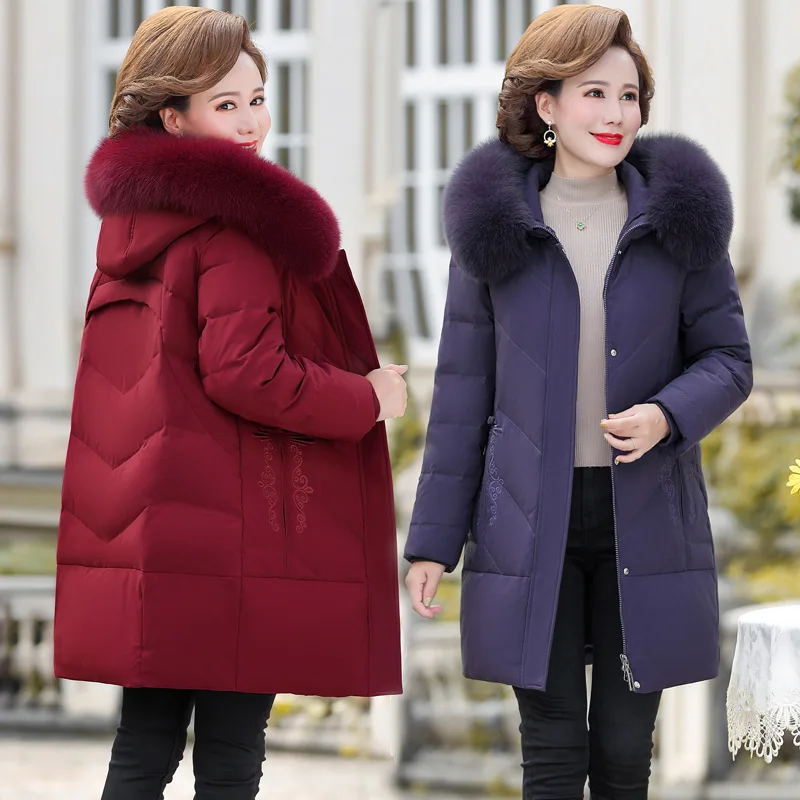 

Real Fox Fur Collar White Duck Down Down Jacket Women's Middle Long 2021 New Winter Clothes Middle-aged and Old People Loose Yrf