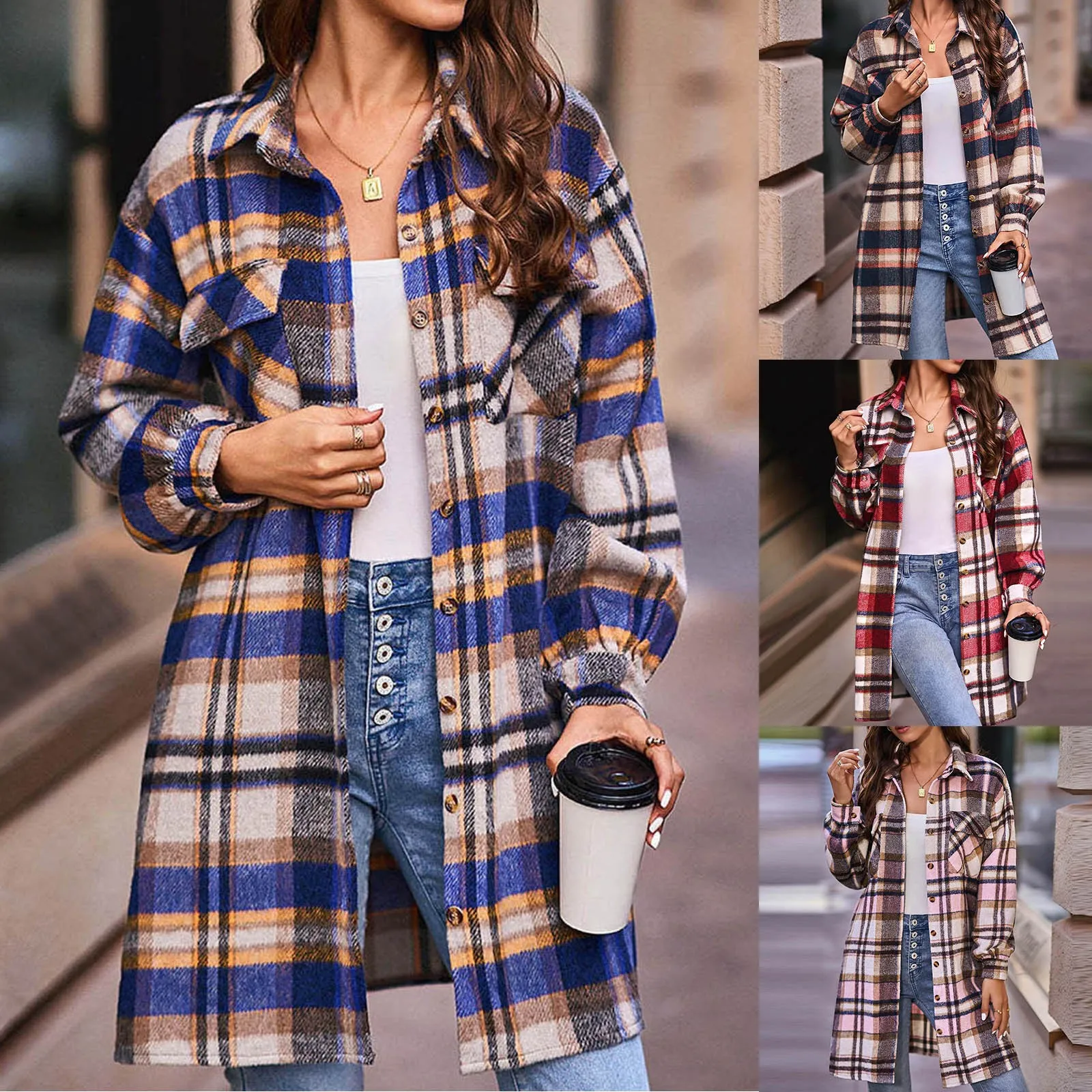 

Women's Casual Mid Length Woolen Coat With Pockets Stretchy Sleeve
