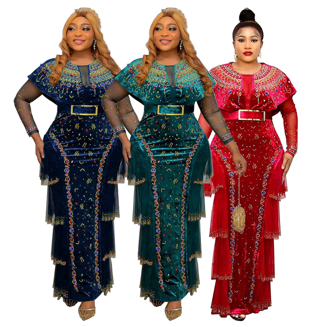 

Women African Dresses Diamonds O Neck Party Dress Gorgeous Vestidos Slim Ankle Length Kanga Sheath Wrap Buttocks Belt Tassel