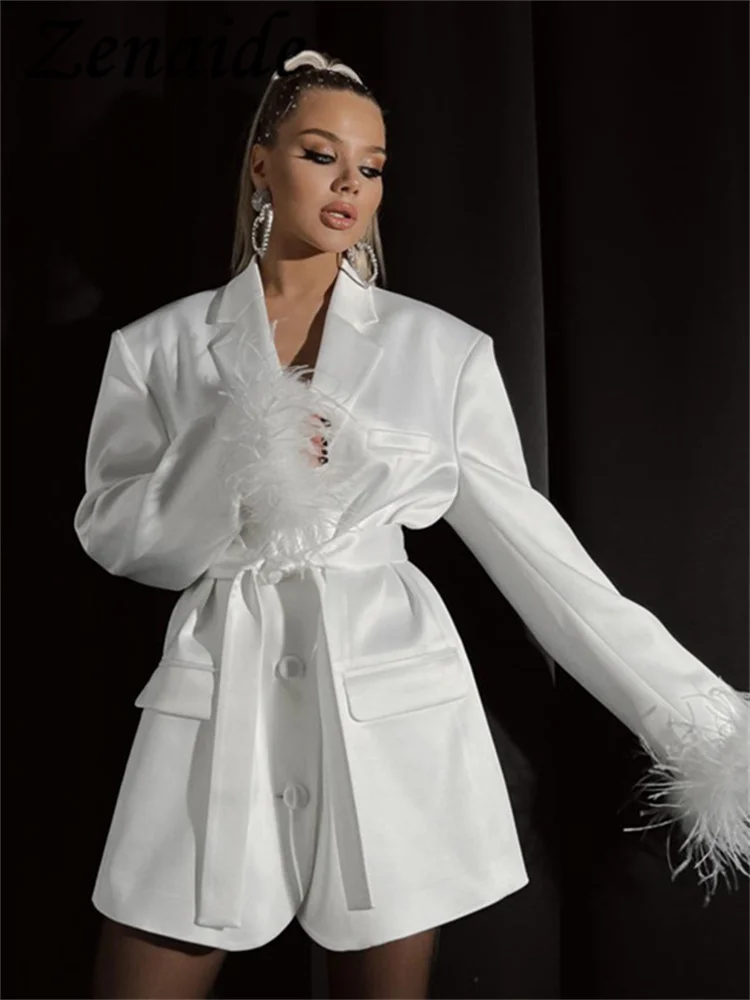 

Zenaide Lace Up Blazer Dress For Women Feather Splice Black Long Sleeve Fashion Dresses Feather Party Temperament Vestido Ladies