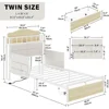 Twin Bed Frame with Guardrail & Bedside Caddy,Multifunctional Headboard with Charging Station,Metal Platform Bed, White 2