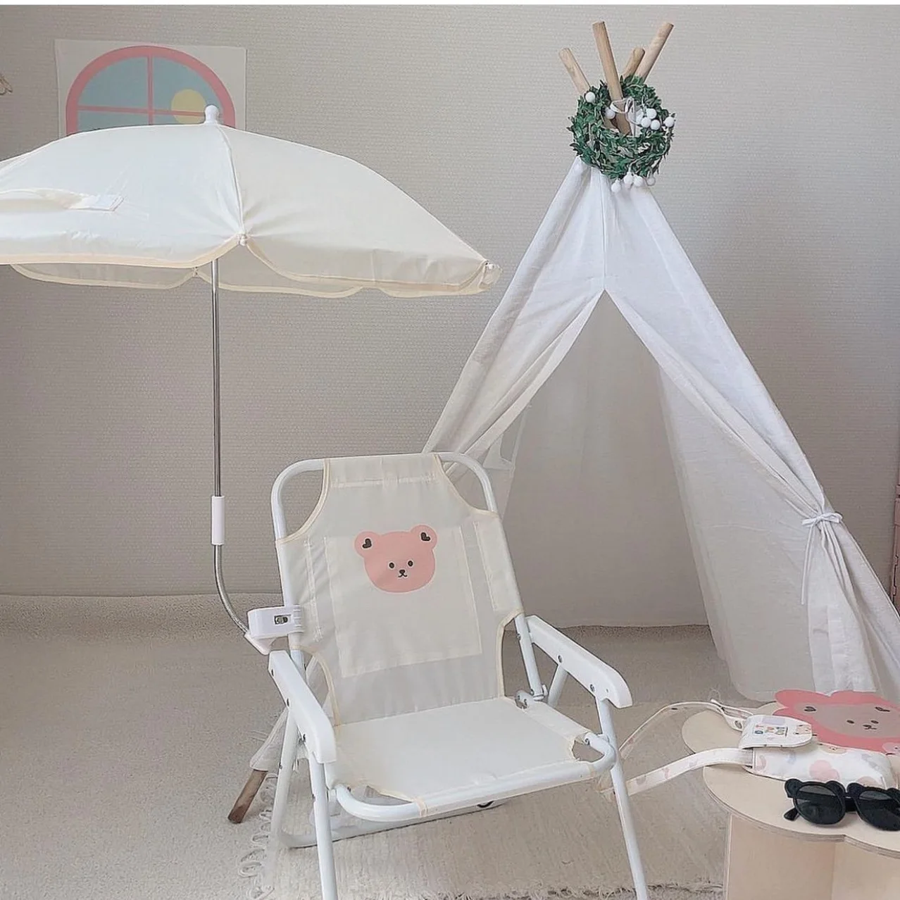 Children's Outdoor Beach Chair With Umbrella Cute Ins Wind Portable Folding Chair Seaside Photo With Parasol Back Chair ﻿