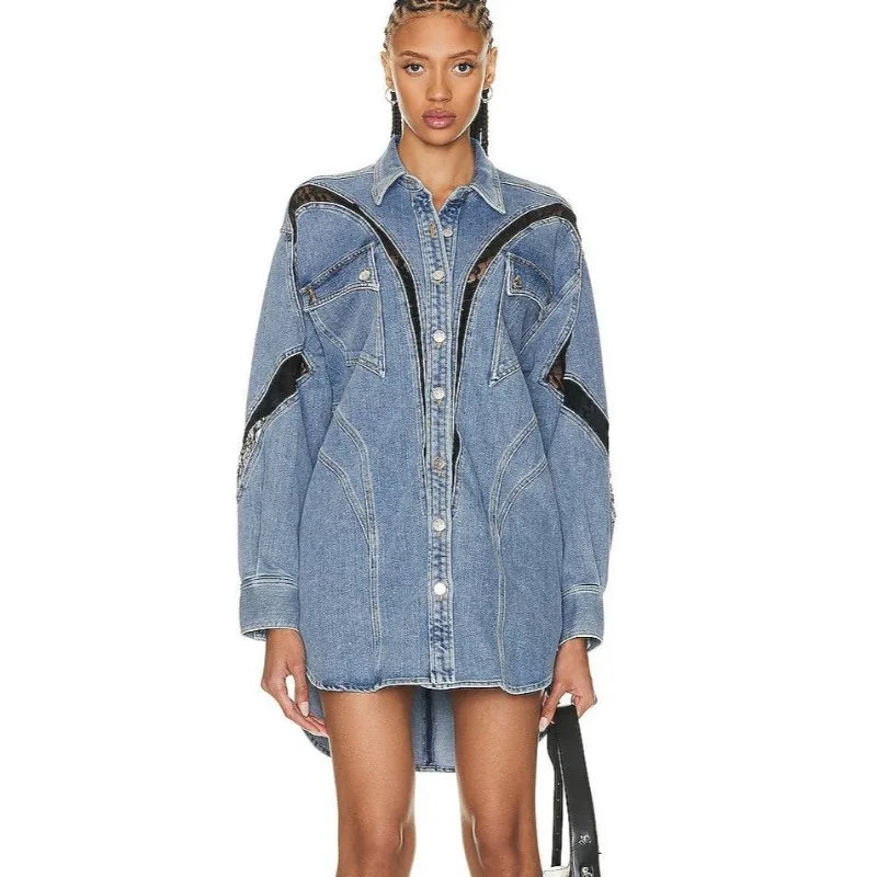 Lace Patchwork Denim Jacket for Women 2023 Autumn Long Sleeve Turn-down Collar Single Breasted Oversize Shirt Streetwear