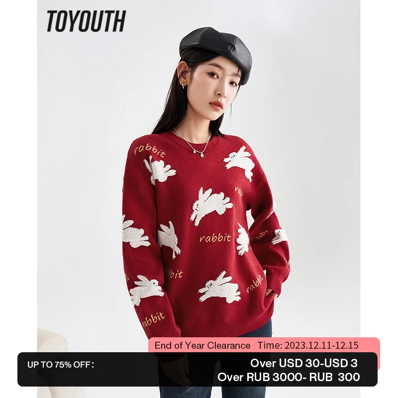 

Toyouth Women Sweaters 2023 Spring Long Sleeves O Neck Loose Knit Cardigan Cute Rabbit Print Lucky Red Casual Chic Tops