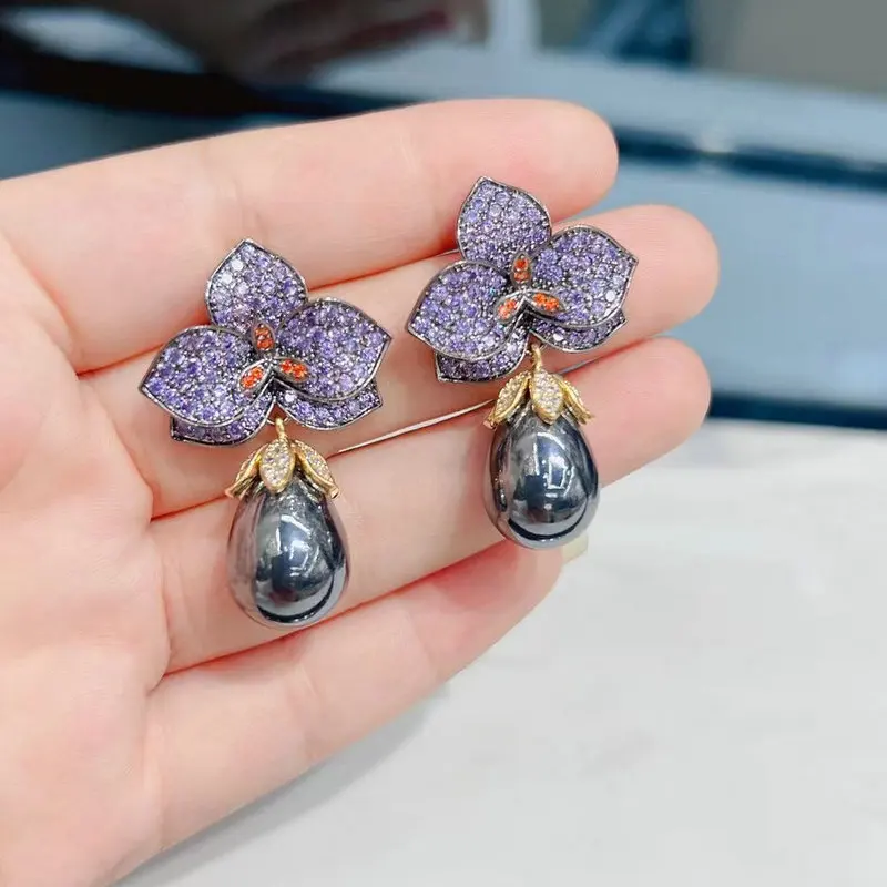 Bilincolor pendientes de flores y perlas púrpuras para mujer, joyería de moda