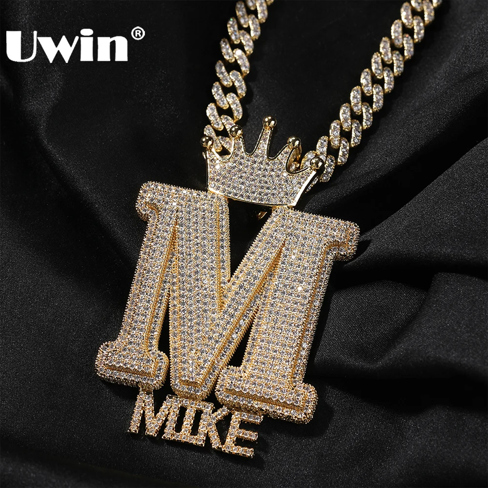 

UWIN Customized Name Necklace for Men Women Iced Out CZ Letters Charms with Crown Bail Fashion Jewelry for Gift