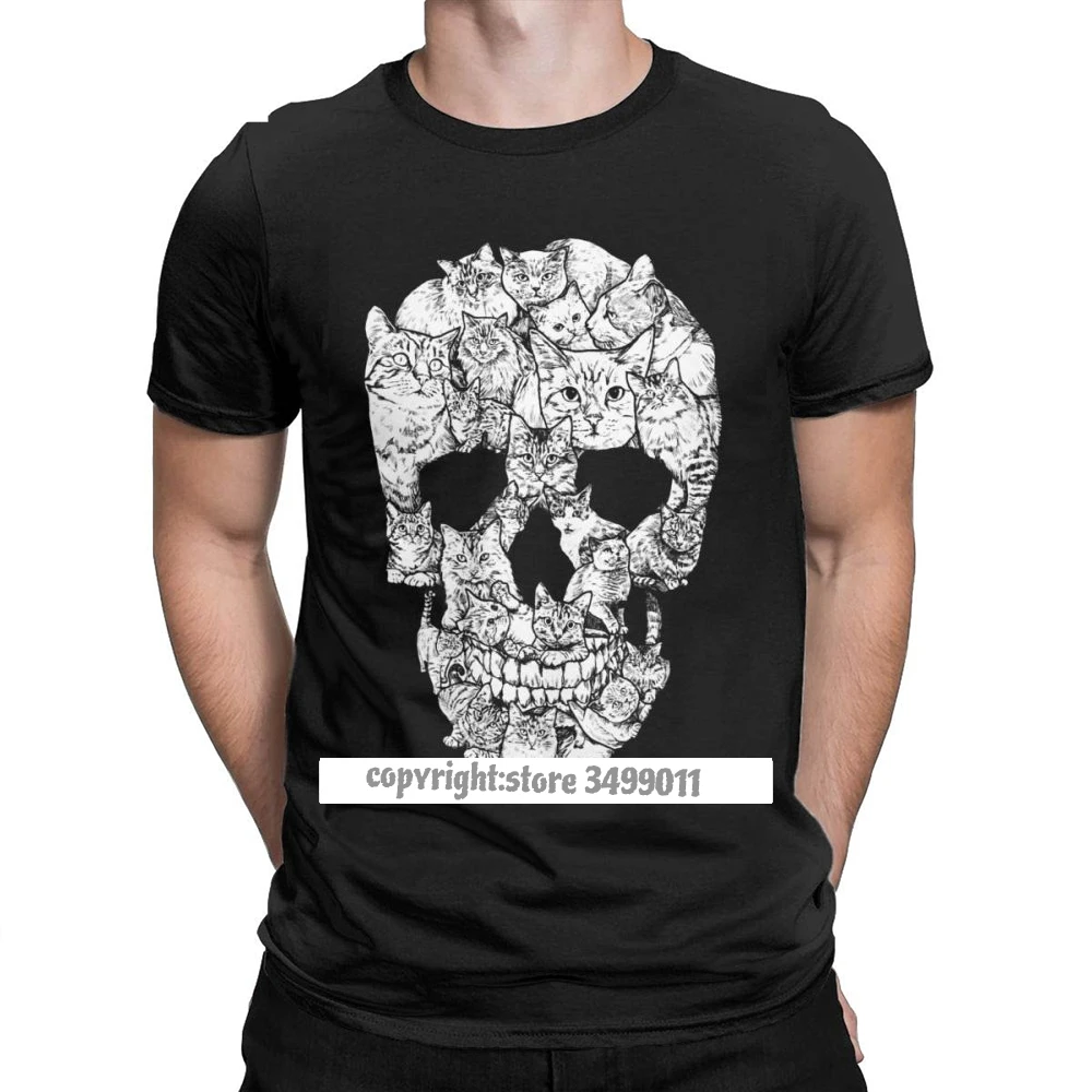 

Unique Cat Skull Skeleton Scary T-Shirt Men Cotton Tops T Shirt Kitten Goth Gothic Punk Halloween Tees Streetwear