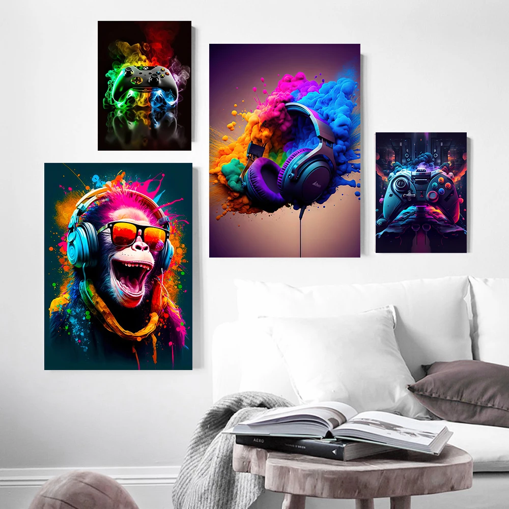 Peinture sur toile Pop Art pour la décoration intérieure, animaux amusants, singes portant des écouteurs, affiches imprimées, jeu Foy, art mural, rue