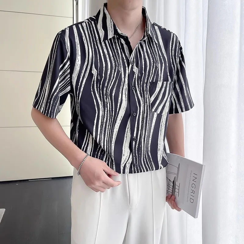 

Short Sleeved Men Zebra Printing Shirts Korean Style Button Down Stylish Male Stripe Shirt Summer Business Social Chemise Homme