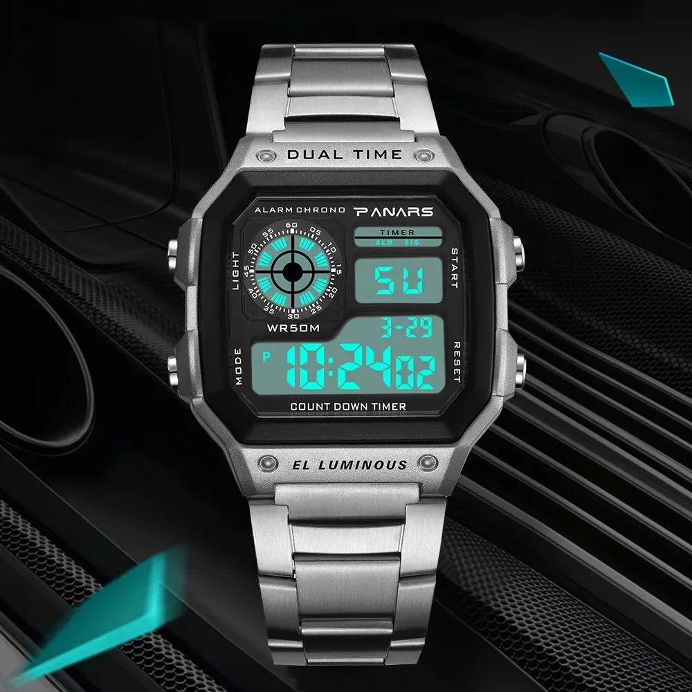 PANARS Top Luxury Stainless Steel Strap Sport Watches Mens Waterproof Back Light Digital Wristwatch Male Alarm 4