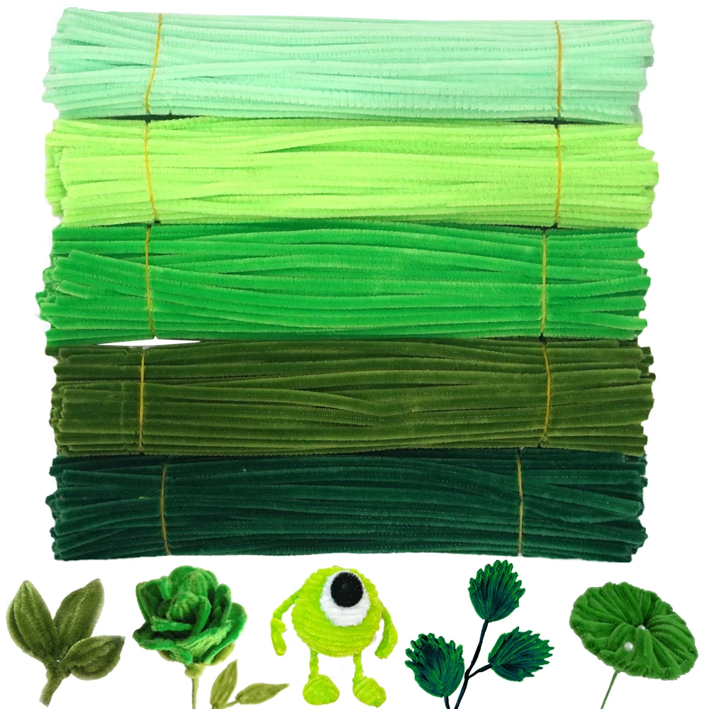 GUWINA 300 Stuks Groen Chenilledraad 30 cm Lang en 8 mm Dik, Kleurrijke Pijpenragers Set voor Knutselen, 3 Kleuren voor DIY Bloemen & Feestversieringen (Groen Verloop