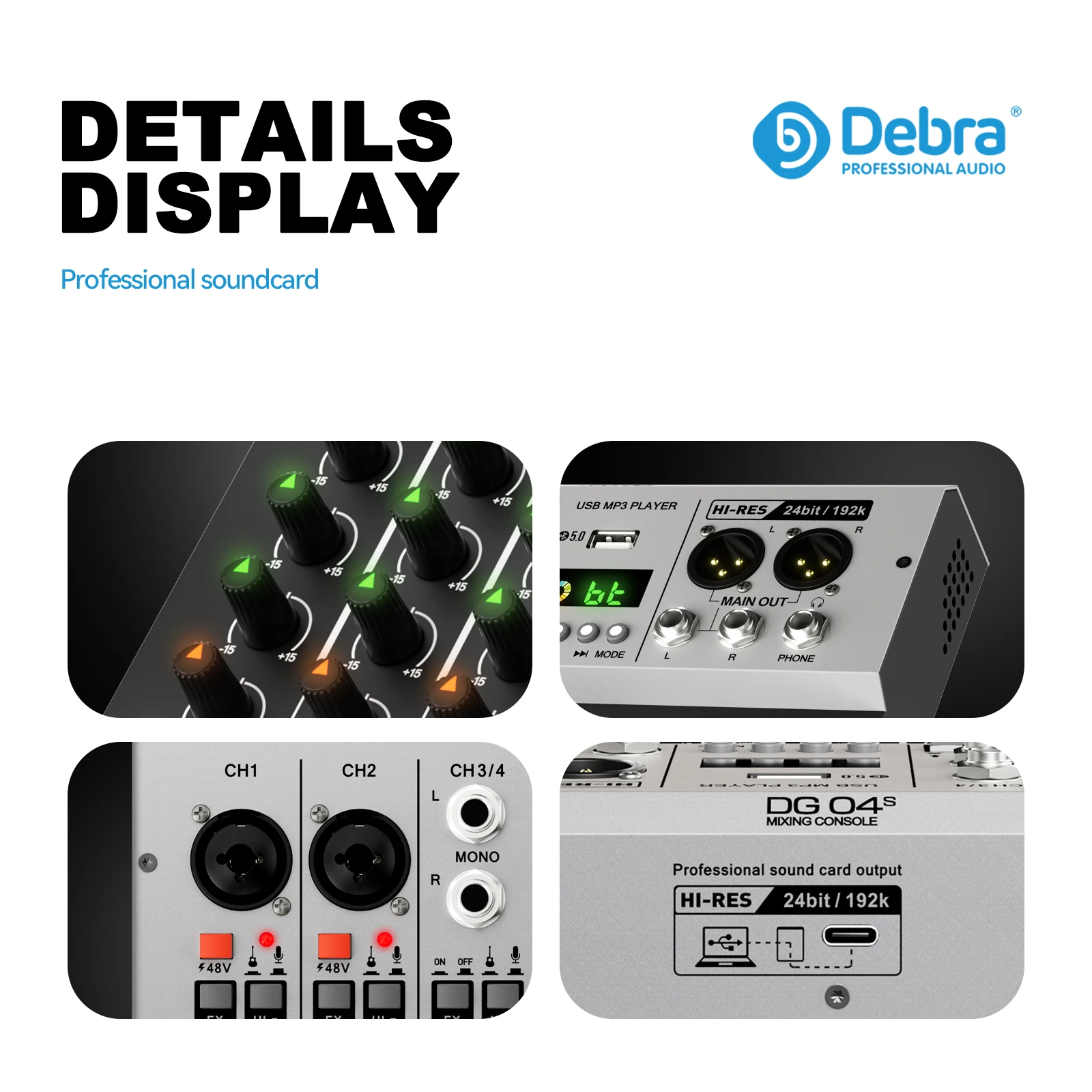 Debra DG04S Professional 4-channel Mixer Sound Card OTG Recording Output USB,Blu