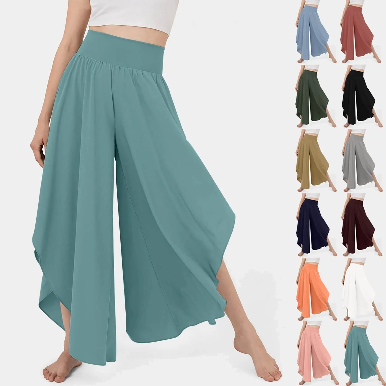 Women's Flowy Large Size Palazzo Pants Irregular Hem High Waist Casual Cropped Pants Summer Lightweight Elastic Beach Pants