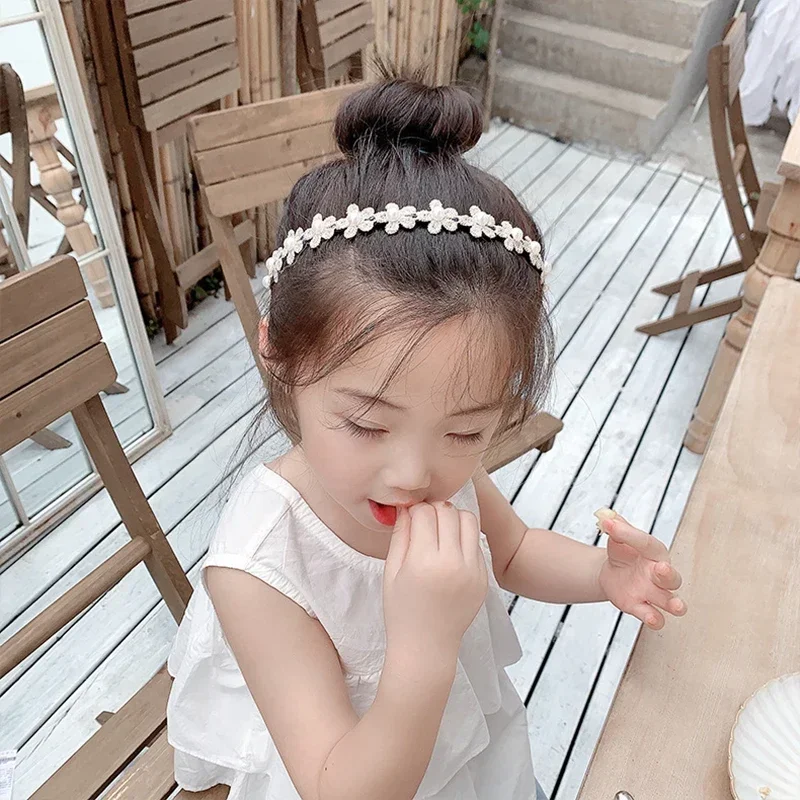 Princess Kids Flower Hair Full Pearl Hoops for Girl Elegant White Flower Hairbands Party Wedding Headdress Kids Hair Accessories