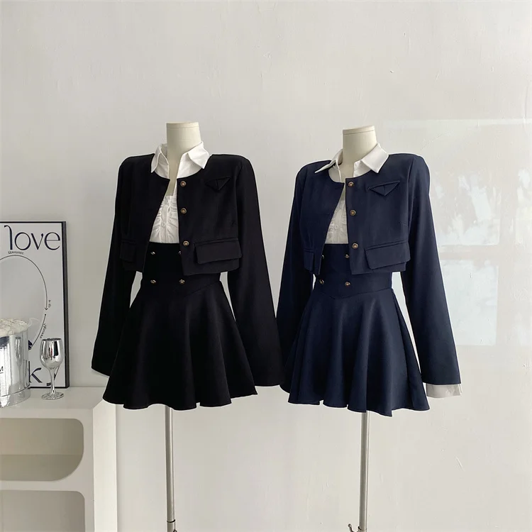 Y2K 3 Piece Set Women Cropped Coat + Long Sleeve Shirt + High Waist Halter Ruffles Mini Dress Korean Chic Fashion Sexy Outfits
